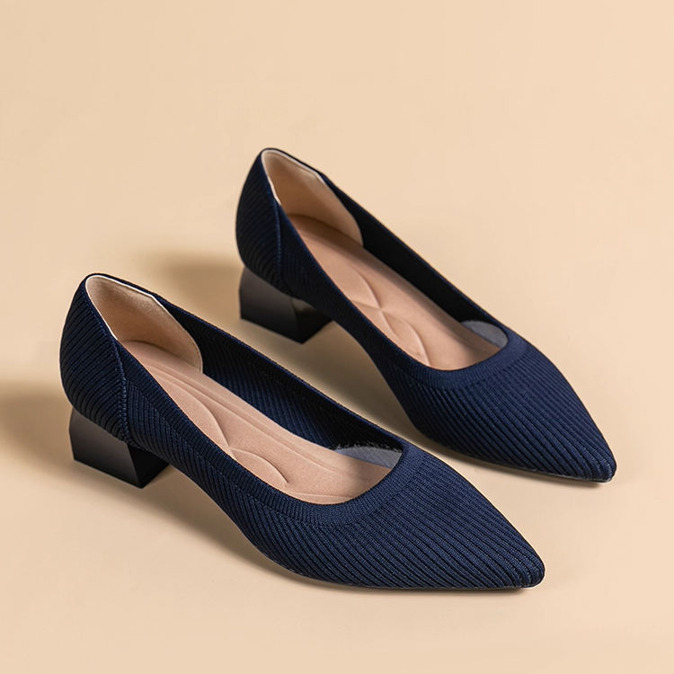 KENPOGEN ポインテッドトゥパンプス ニットパンプス 4cmUP チャンキヒール 走れる 柔らか