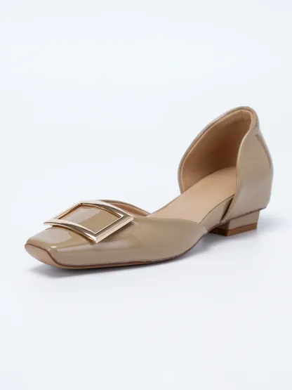 【上品なツヤ感で高見え】KENPOGEN バックルパンプス サイドオープン スクエアトゥ 5cmUP エナメル インヒール 痛くない 春夏 通勤 結婚式