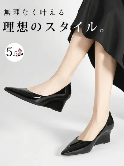 【通勤・立ち仕事に】 KENPOGEN 疲れない ウェッジソール パンプス 黒 エナメル 5.5cm 痛くない ポインテッドトゥ 仕事 オフィス ビジネス 事務