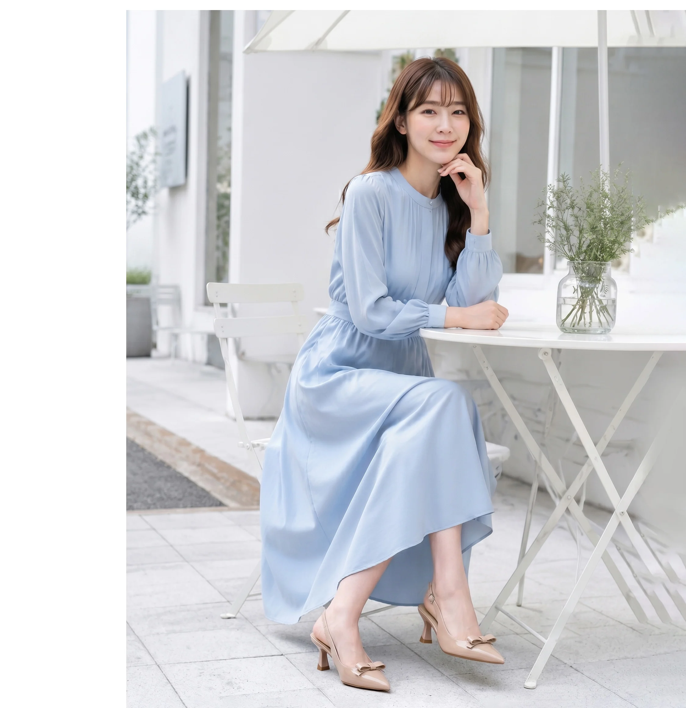 ヌードピンクのバックストラップパンプス ワンピースコーデ着用例 大人可愛い春夏パンプス