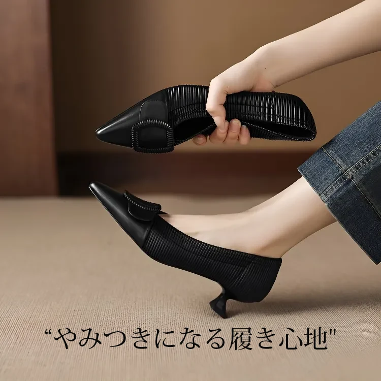 KENPOGEN バックルモチーフパンプス 羊革 手作り 4cmUP ポインテッドトゥシューズ 柔らかい 歩きやすい