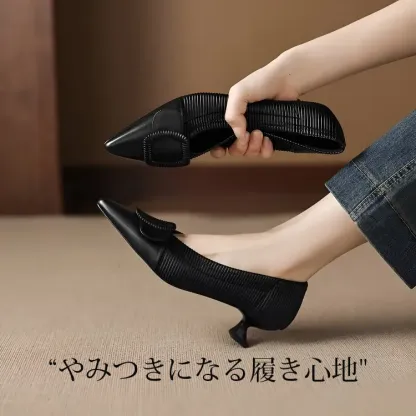 KENPOGEN バックルモチーフパンプス 羊革 手作り 4cmUP ポインテッドトゥシューズ 柔らかい 歩きやすい