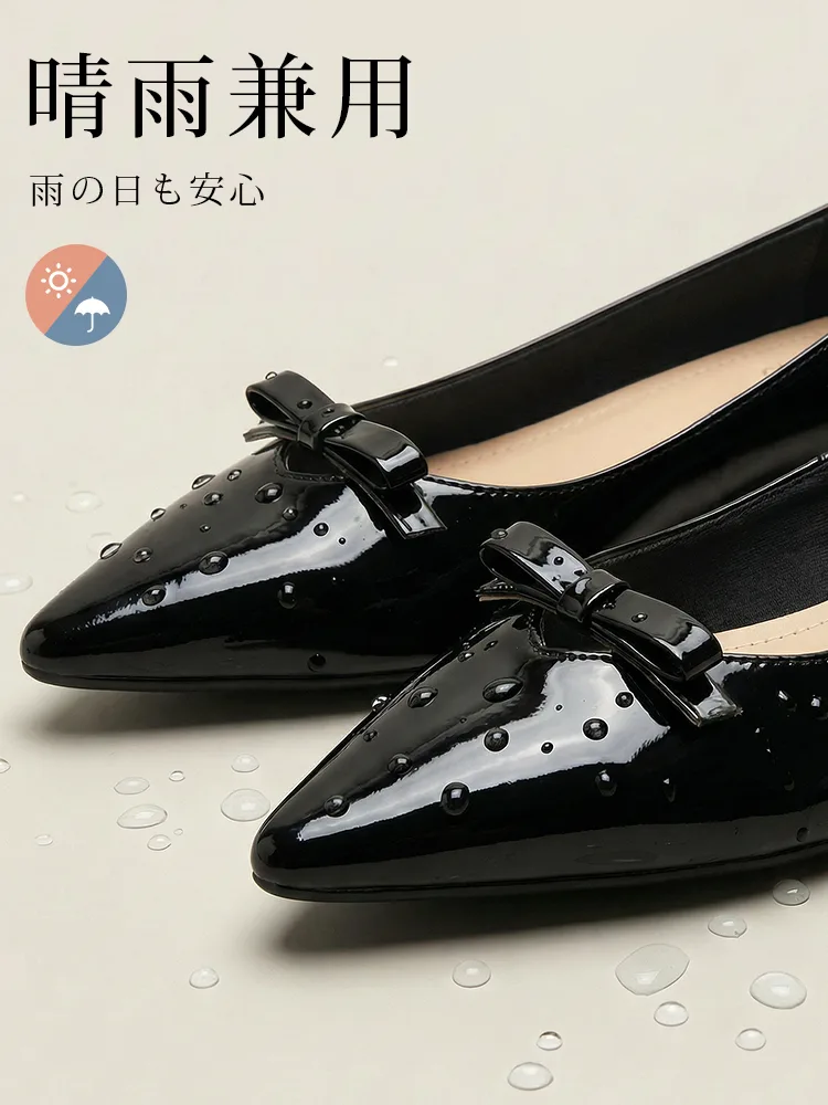 【跳べるパンプス】KENPOGEN エナメルパンプス リボン ポインテッドトゥ インヒール 5cmUP 晴雨兼用 歩きやすい 通勤 きれいめ