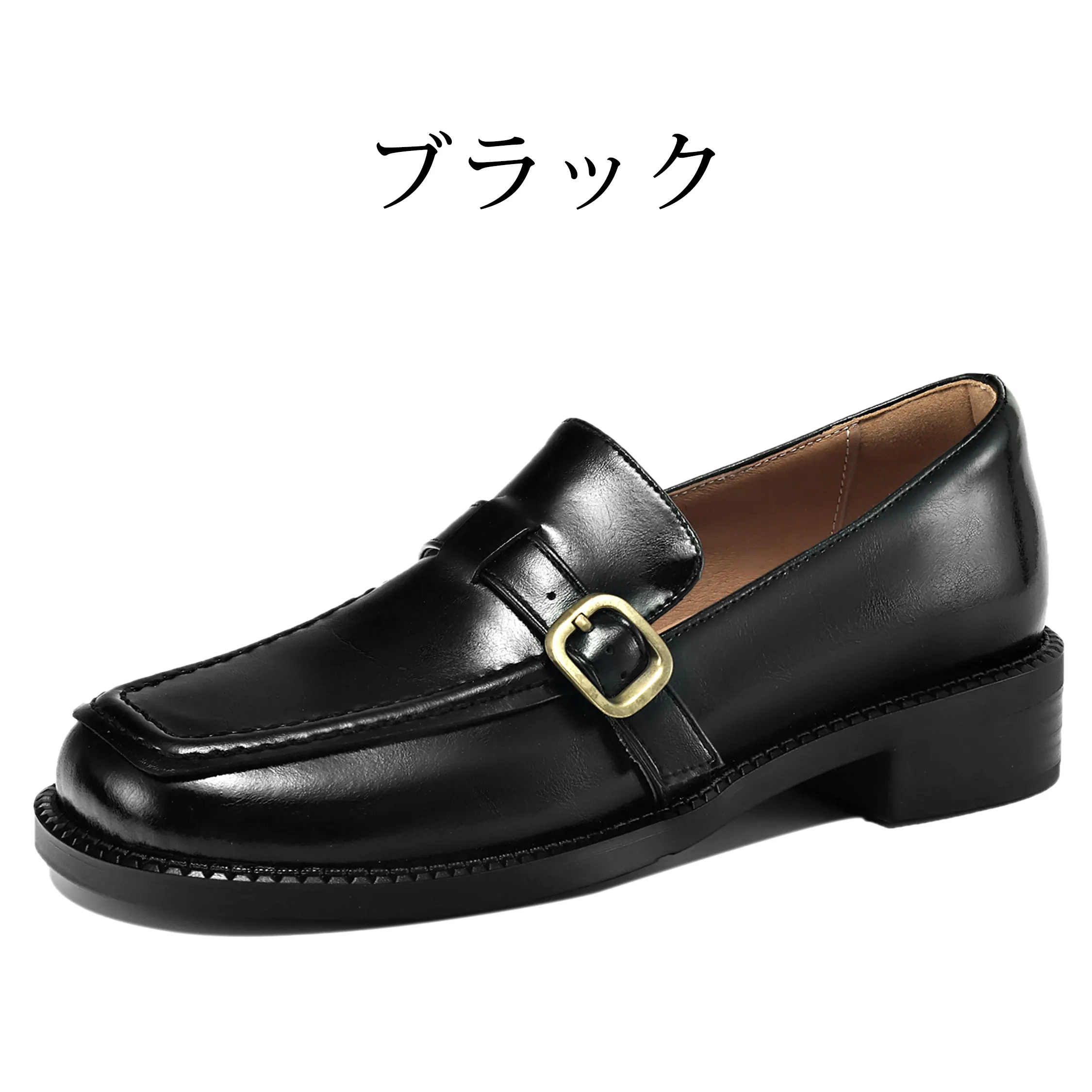 スクエアトゥ 本革バックルローファー