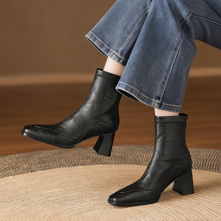 KENPOGEN スクエアトゥショートブーツ 5cm・7cmチャンキーヒール 美脚 歩きやすい 高見え 秋 冬