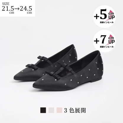 KENPOGEN ポインテッドトゥ パンプス Tストラップ シューズ インヒール5cmUP ダブルリボン 疲れない 歩きやすい