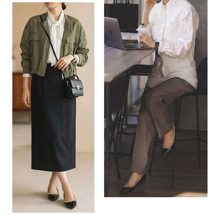 スタッズデザイン インナーヒール 甘辛ミックスコーデ