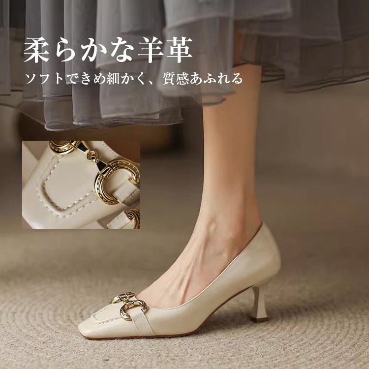 KENPOGEN ビット付きパンプス スクエアトゥ靴 羊革 手作り 6cmUP ピンヒール 歩きやすい 通勤