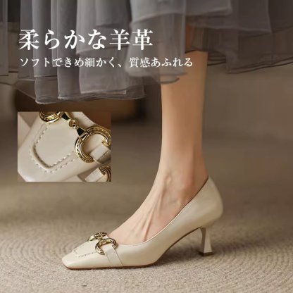 KENPOGEN ビット付きパンプス スクエアトゥ靴 羊革 手作り 6cmUP ピンヒール 歩きやすい 通勤