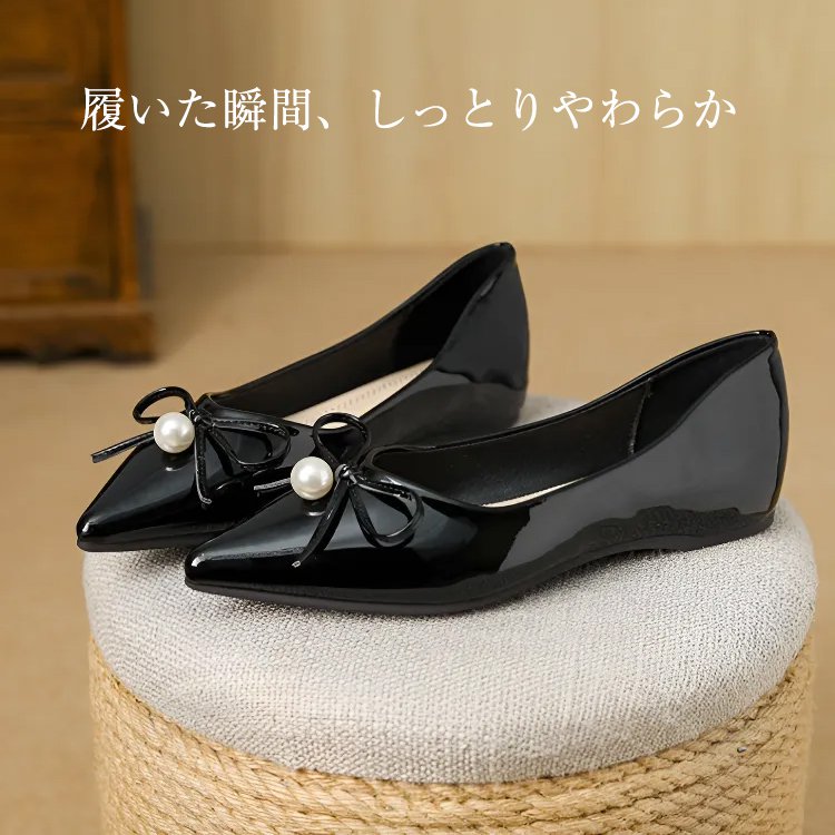 KENPOGEN ポインテッドトゥパンプス フラットシューズ 2cmUP リボン パール飾り 疲れにくい
