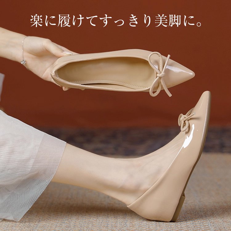 KENPOGEN リボンパンプス ポインテッドパンプス エナメル 5cmUP 美脚  快適