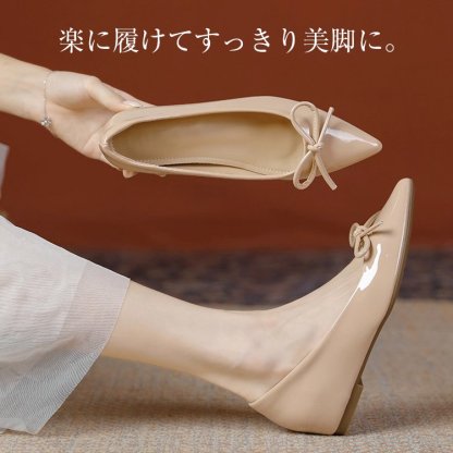 KENPOGEN リボンパンプス ポインテッドパンプス エナメル 5cmUP 美脚  快適