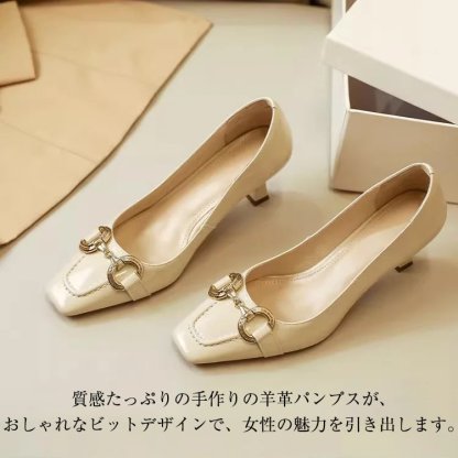 KENPOGEN ビット付きパンプス スクエアトゥ靴 羊革 手作り 6cmUP ピンヒール 歩きやすい 通勤