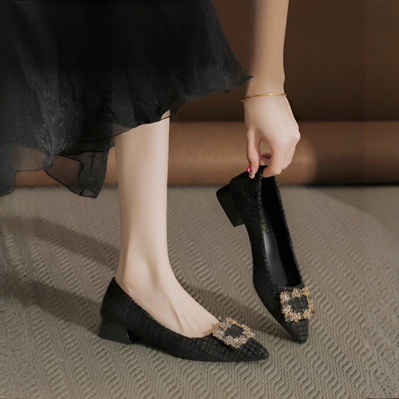 ツイード調 ビジューバックル スクエアヒールパンプス