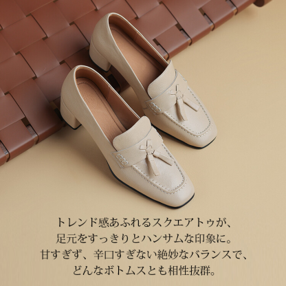 KENPOGEN ローファー スクエアトゥシューズ 羊革 手作り リボン 5cmUP 柔らかい 通勤 オフィス