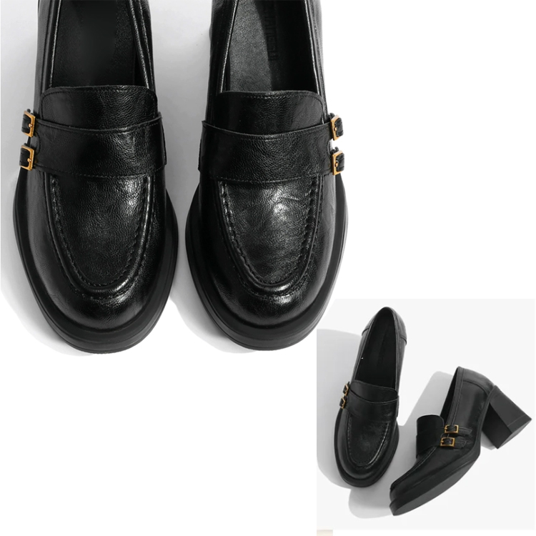 結婚式の靴マナー NG例。避けたほうが無難な黒パンプス。フォーマルなデザインではあるが、色が持つ印象からお祝いの場にはやや不向きとされる理由を解説する画像。