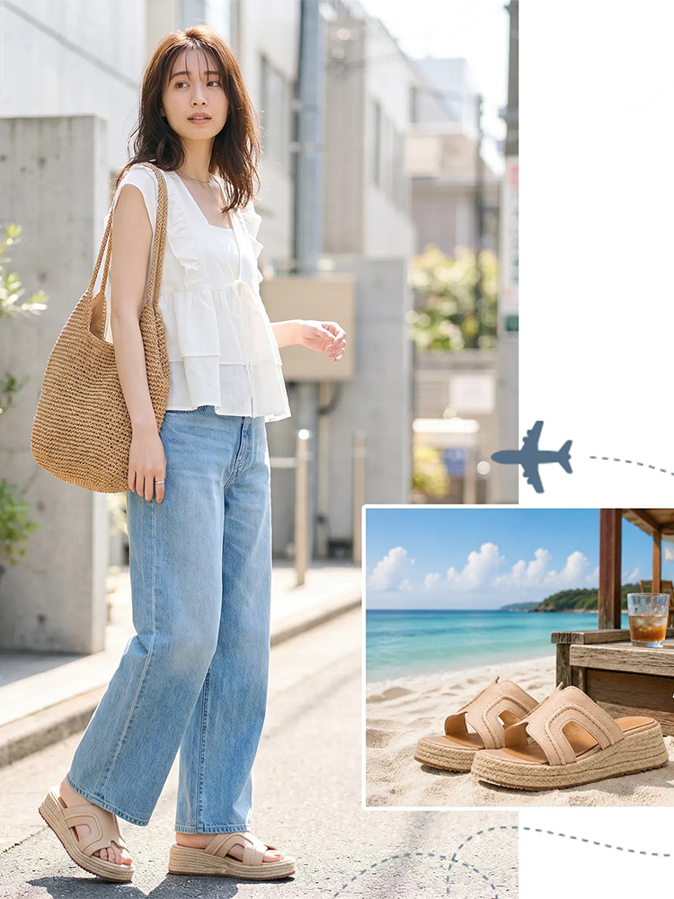 ベージュの厚底ミュールサンダルをデニムに合わせた夏のお出かけコーデ