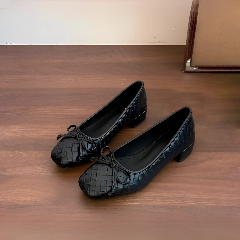 KENPOGEN バレエシューズ リボンパンプス 幅広4E スクエアトゥ チャンキーヒール 痛くない フォーマル