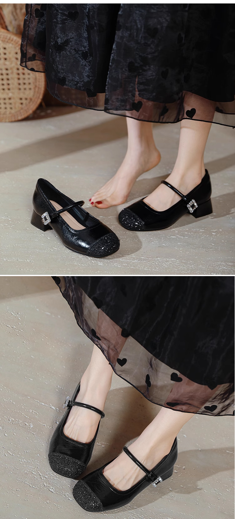 幅広 パンプス 外反母趾 ヒール 4cm 疲れない 歩きやすい 脱ぎ履きしやすい 可愛い 靴 ストラップ キラキラ 疲れにくい靴　ブラック