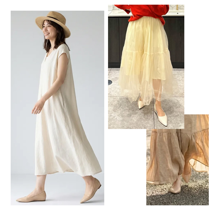 GWのデートやきれいめなお出かけに。足元をすっきり美脚に見せる、ヌーディなポインテッドトゥパンプスを使ったコーデ