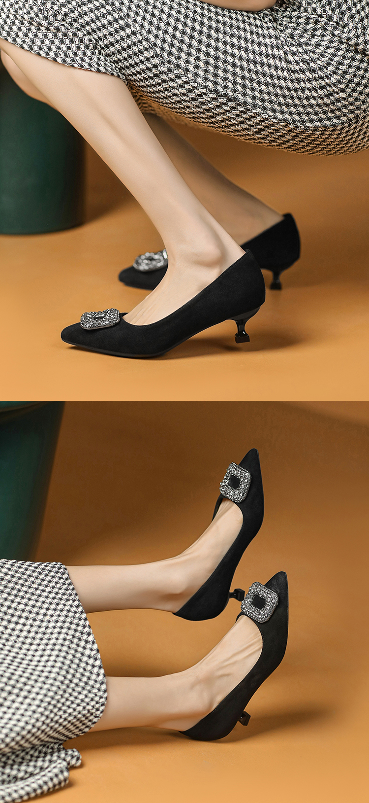 幅広4Eビジューバックルパンプス 5.0cm/7.0cmヒール 細見え美脚　ブラック
