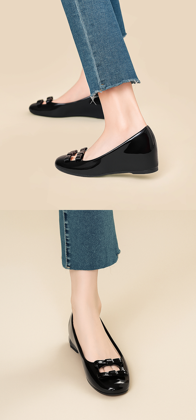 インヒールパンプス　リボン 可愛い　ヒール 5cm　おしゃれ　エナメル パンプス  羊革インソール　履きやすい靴　ブラック