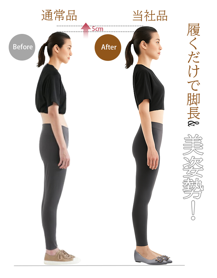 通常品 Before 5cm当社品 After  履くだけで脚長&美姿勢！