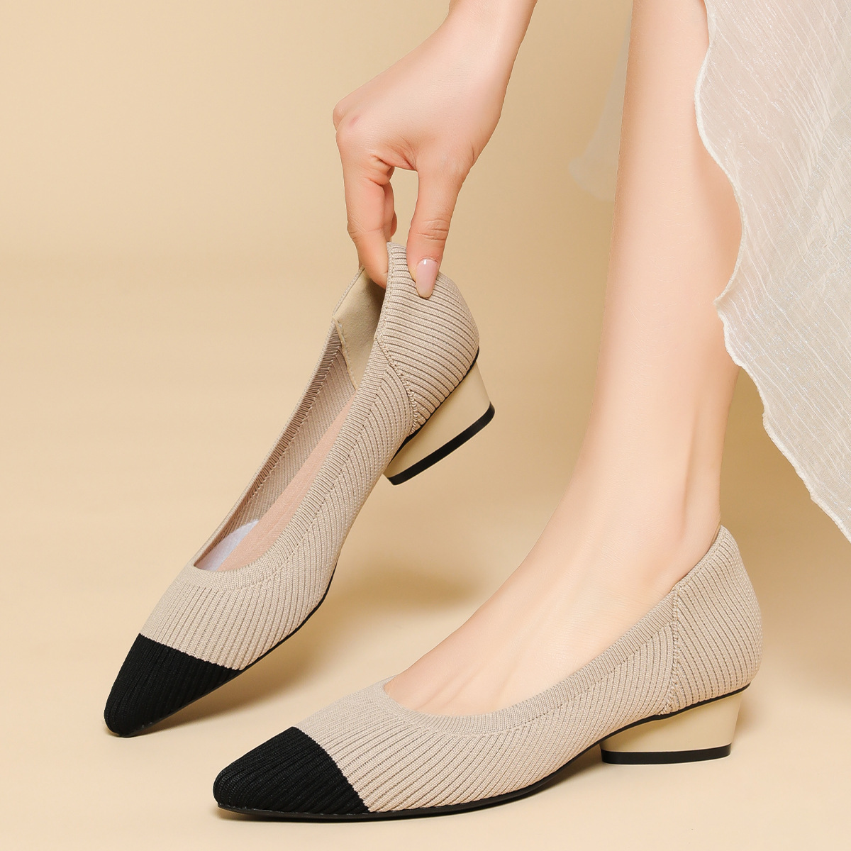 Think! パンプス KENPOGEN ポインテッドトゥパンプス ニットパンプス 4cmUP