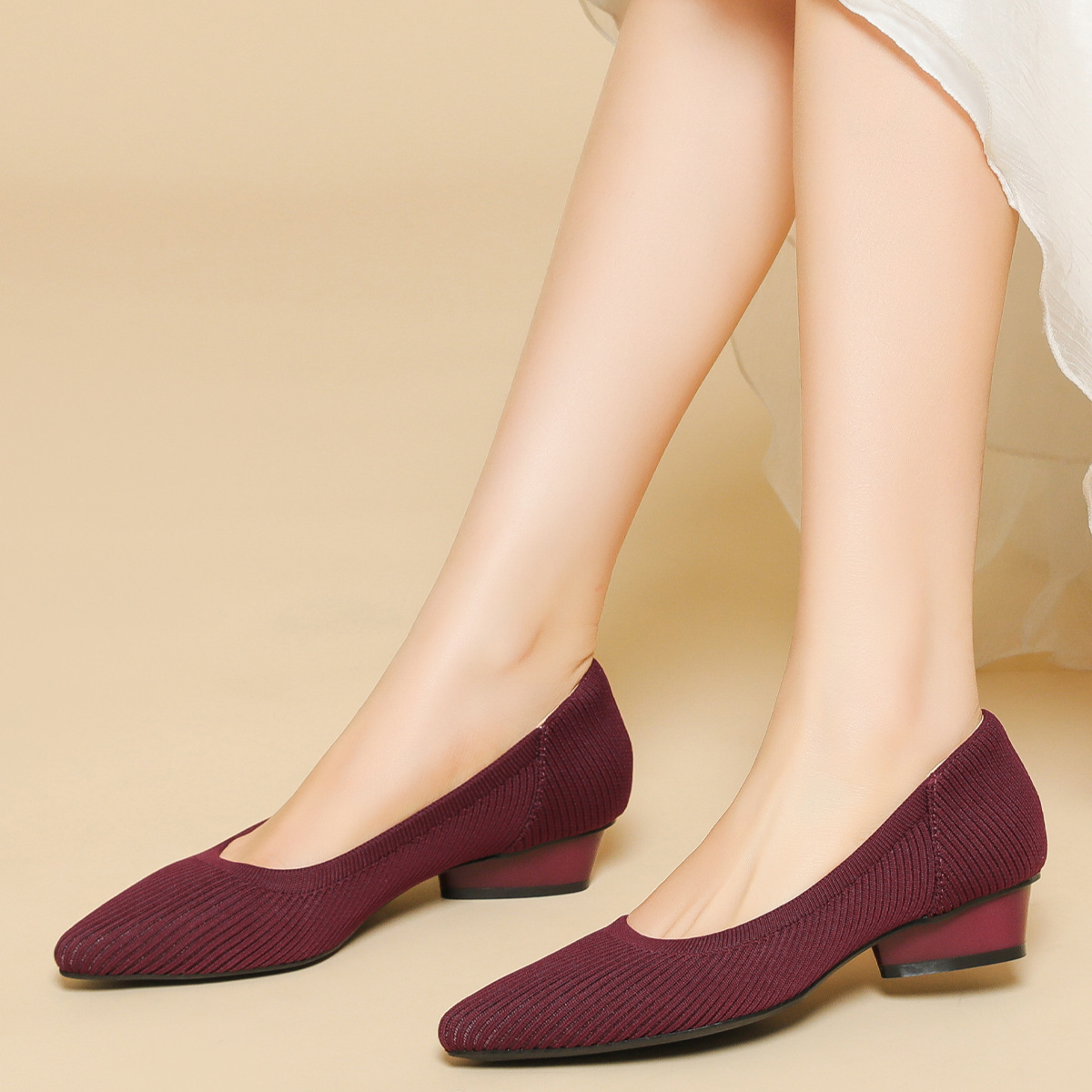 KENPOGEN ニットパンプス ポインテッドトゥパンプス 3cmUP 歩きやすい 疲れない