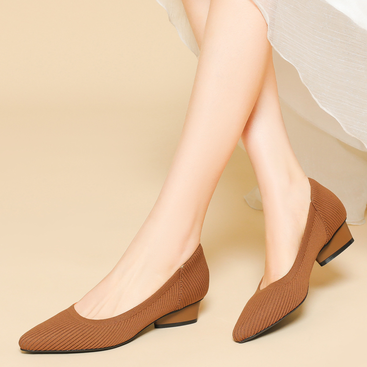 KENPOGEN ニットパンプス ポインテッドトゥパンプス 3cmUP 歩きやすい 疲れない