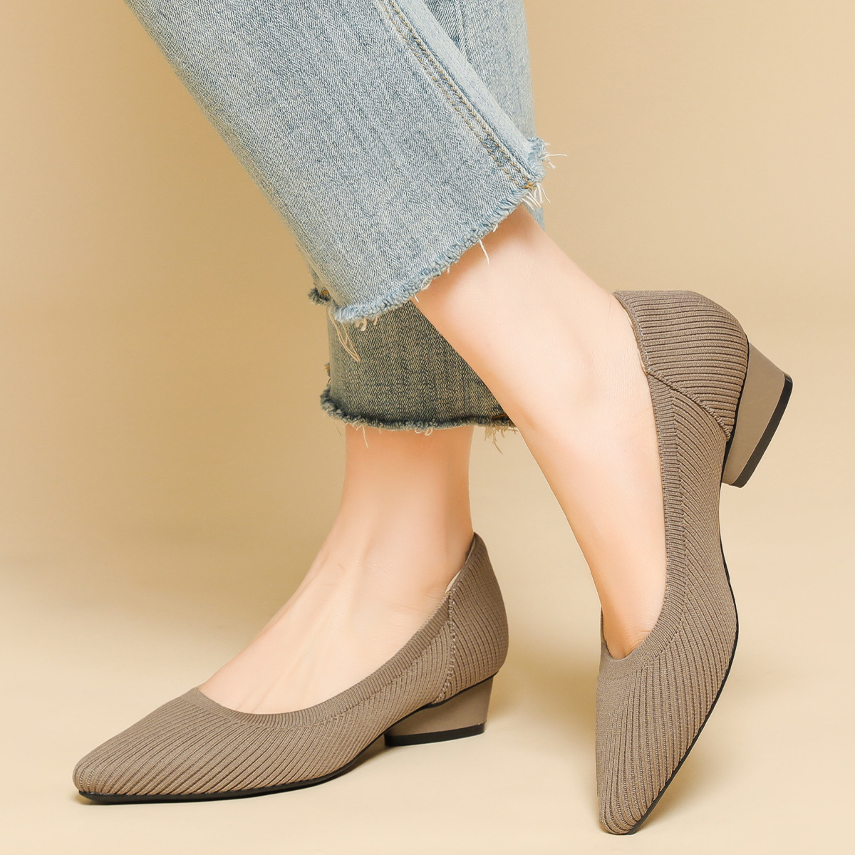 KENPOGEN ニットパンプス ポインテッドトゥパンプス 3cmUP 歩きやすい 疲れない