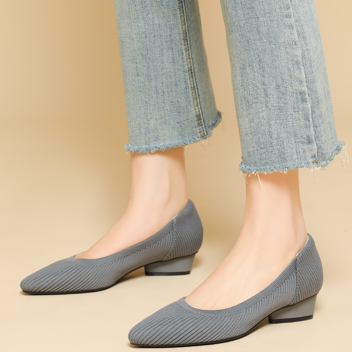 KENPOGEN ニットパンプス ポインテッドトゥパンプス 3cmUP 歩き