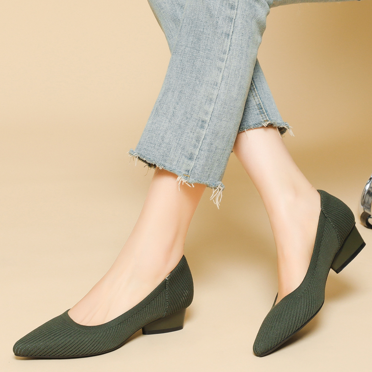 KENPOGEN ニットパンプス ポインテッドトゥパンプス 3cmUP 歩きやすい 疲れない