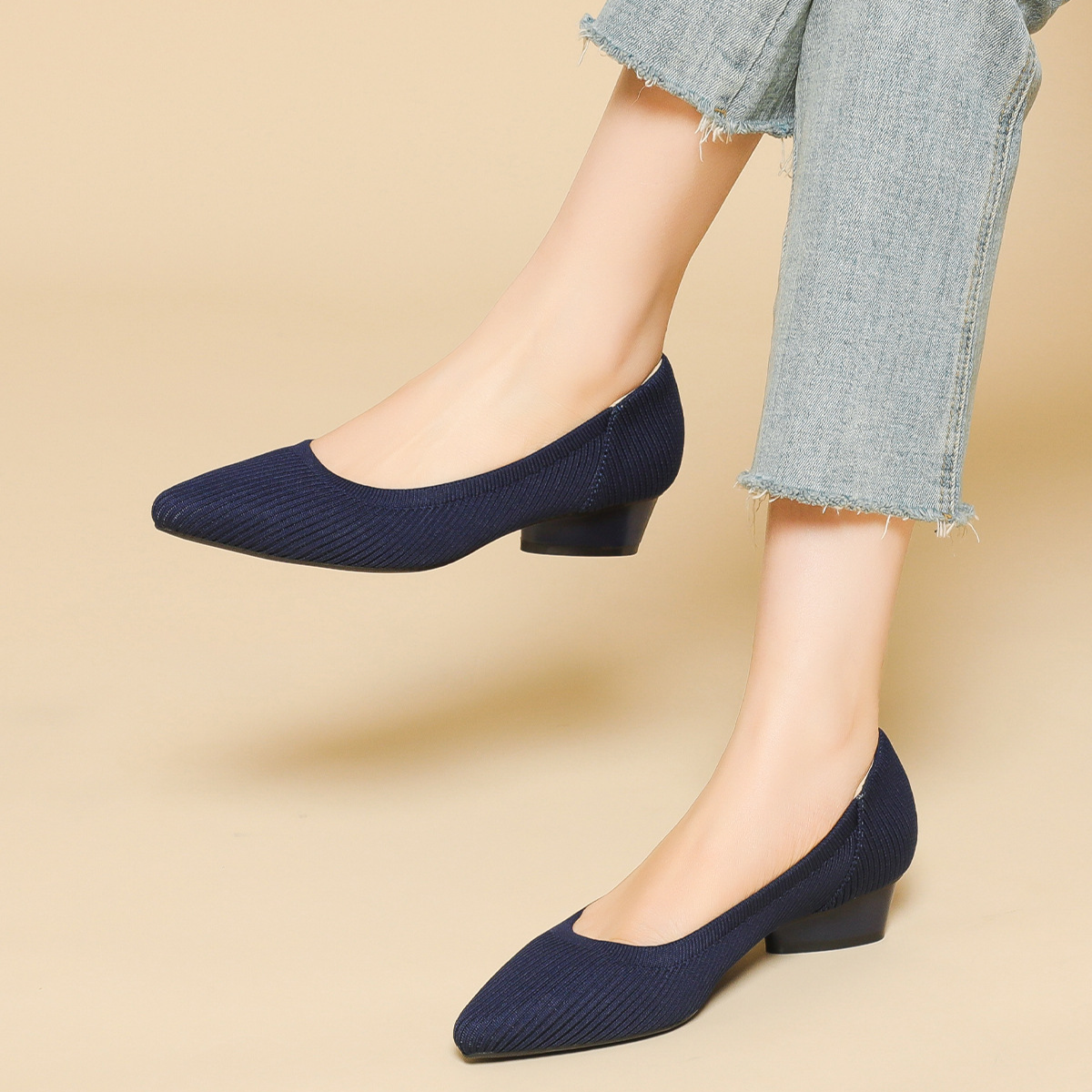 KENPOGEN ニットパンプス ポインテッドトゥパンプス 3cmUP 歩きやすい 疲れない