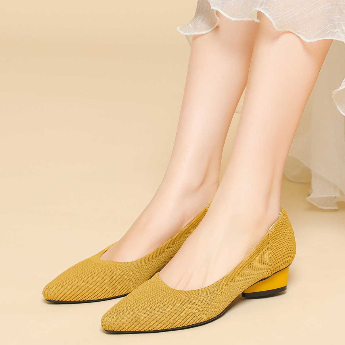 KENPOGEN ニットパンプス ポインテッドトゥパンプス 3cmUP 歩きやすい 疲れない