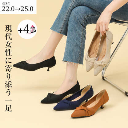 KENPOGEN ニットパンプス ポインテッドトゥ 4cmUP リボン付き キトゥンヒール 歩きやすい