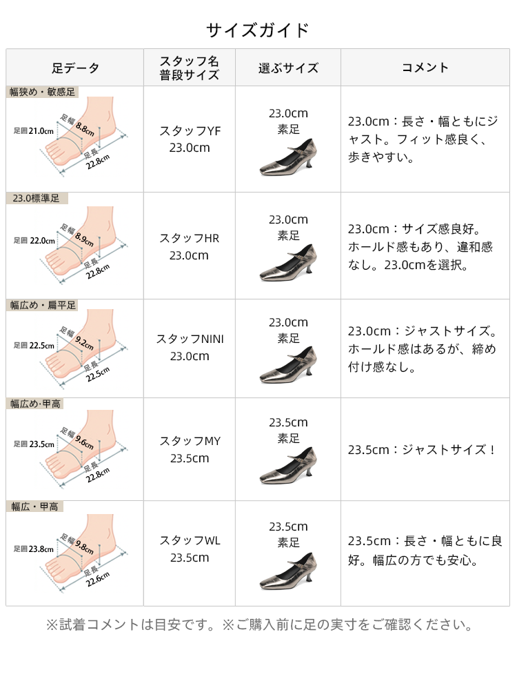  スタッフの試着レビュー付きパンプスサイズガイド。幅広・甲高・敏感足など、足型に合わせた最適なサイズの選び方を詳しく提案