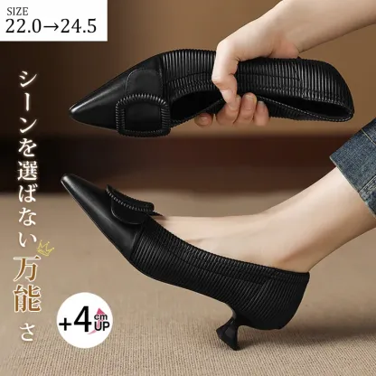 KENPOGEN バックルモチーフパンプス 羊革 手作り 4cmUP ポインテッドトゥシューズ 柔らかい 歩きやすい