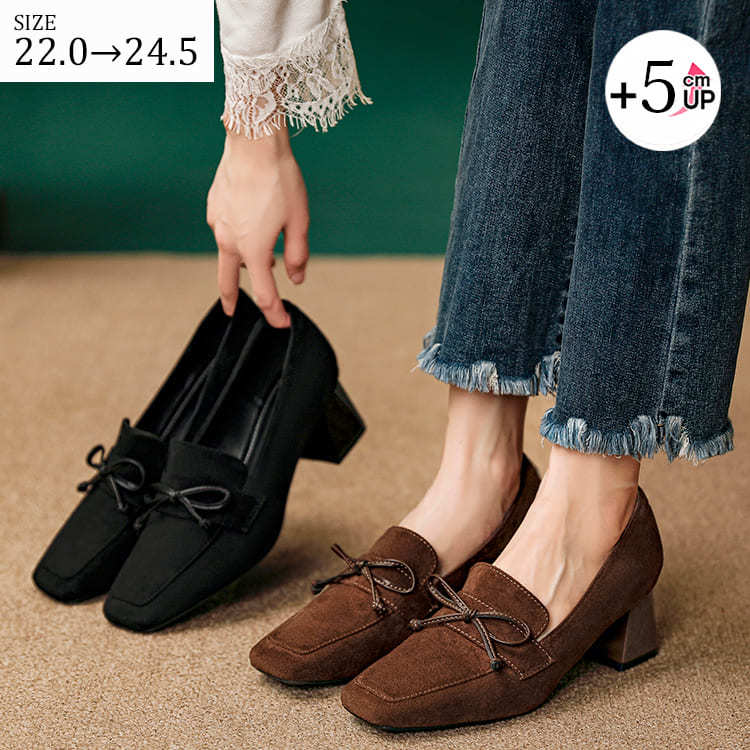 KENPOGEN スクエアトゥパンプス リボンモチーフ チャンキーヒール 5cm 痛くない 歩きやすい ビジネス フォーマル