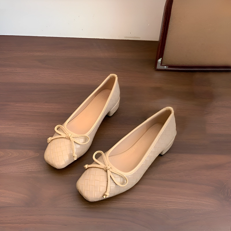 KENPOGEN バレエシューズ リボンパンプス 幅広4E スクエアトゥ チャンキーヒール 痛くない フォーマル