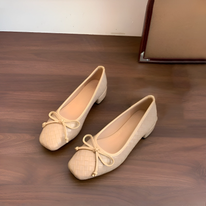 KENPOGEN バレエシューズ リボンパンプス 幅広4E スクエアトゥ チャンキーヒール 痛くない フォーマル