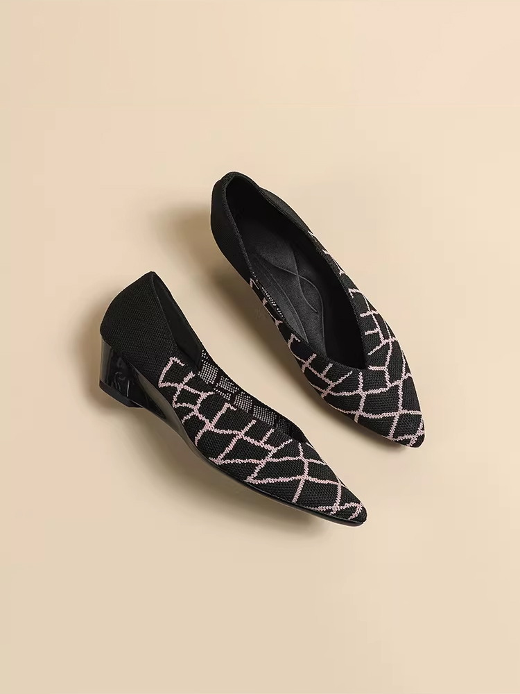 KENPOGEN ニットパンプス ポインテッドトゥシューズ 3.5cmUP ウェッジソール Vカット 通気性 フォーマル