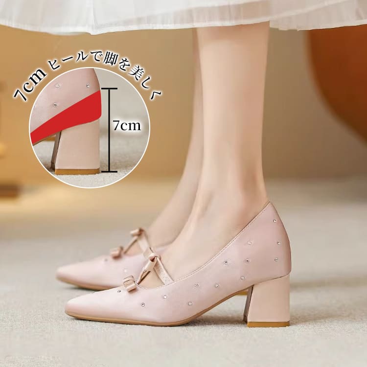 KENPOGEN ポインテッドトゥ パンプス Tストラップ シューズ インヒール5cmUP ダブルリボン 疲れない 歩きやすい