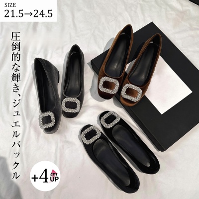 【ハレの日にも】KENPOGEN バックルパンプス ビジュー付き スクエアトゥ スエード 4cmUP 疲れにくい きらきら 通勤 お呼ばれ セレモニー