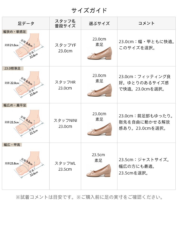 KENPOGENパンプスのサイズガイド。幅広・甲高・幅狭など、様々な足の形に合わせたスタッフの着用レビュー。ネット通販でも失敗しない、痛くない靴の正しい選び方