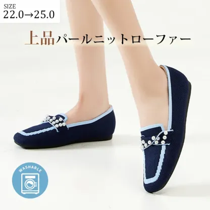 KENPOGEN ニットローファー スクエアトゥ パール飾り フラットシューズ 歩きやすい 滑りにくい 全6色展開 カジュアル オフィス