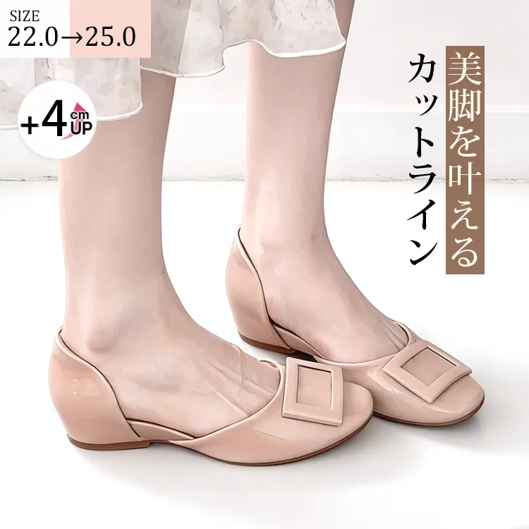 【フラット見えで+4cm！】KENPOGEN パンプス インヒール スクエアバックル サイドオープン ラウンドトゥ 美脚 スタイルアップ 全6色 通勤 春夏