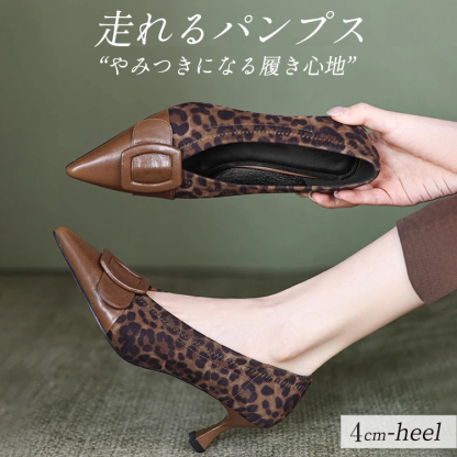 KENPOGEN バックル付きポインテッドトゥパンプス 羊革 手作り 幅広 4cmUP フレンチヒール 柔らかい フィット感 通勤 オフィス