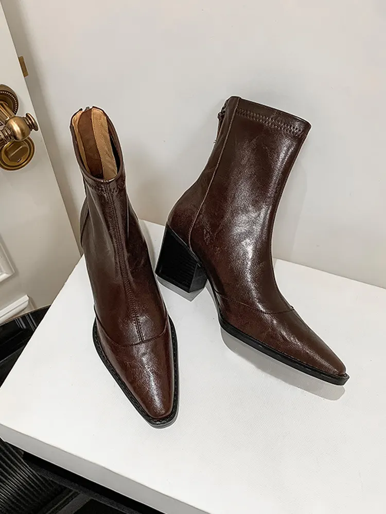 KENPOGEN ストレッチブーツ 羊革 6.5cmUP ポインテッドトゥ バックファスナー付き 伸縮性 柔らかい 美脚 細見え