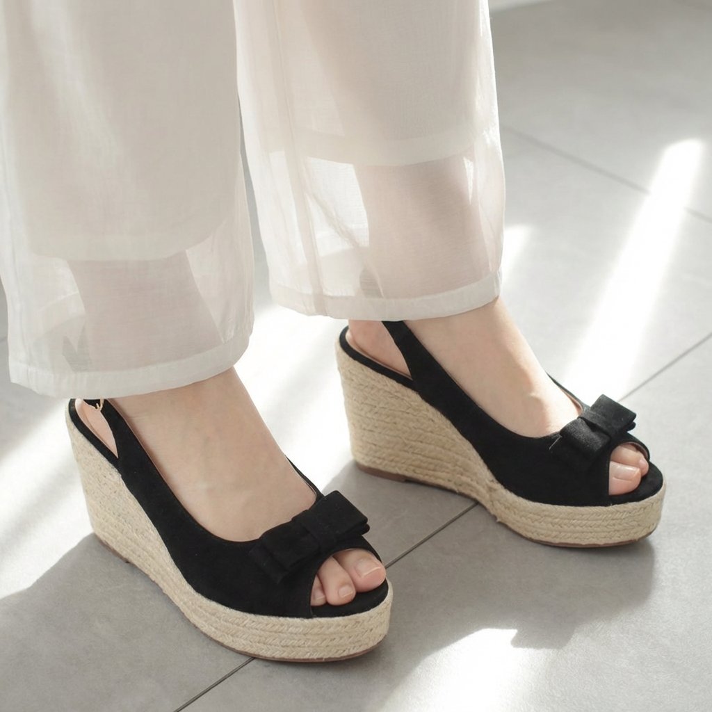 スタイルアップ効果も | リボン付きプラットフォームサンダル